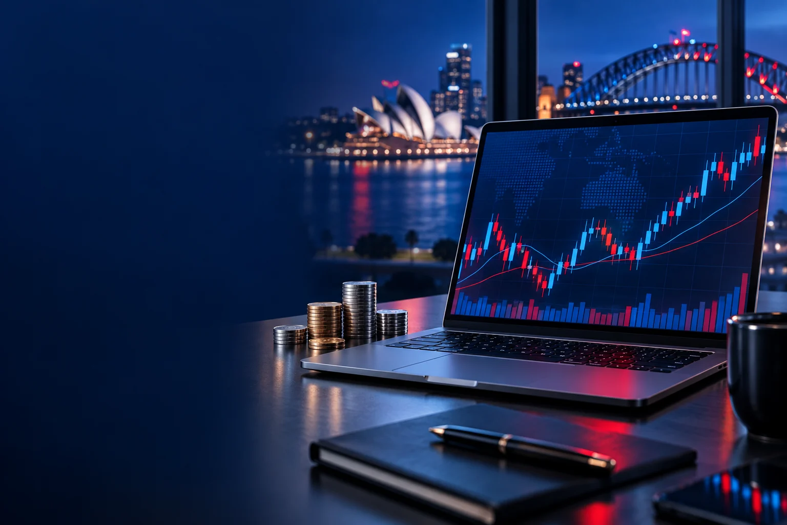 Investment workspace with a laptop displaying financial charts